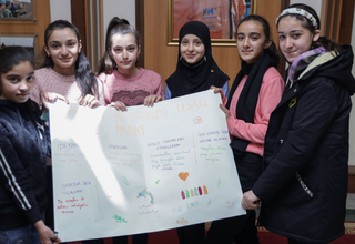  Aytan Fatullayeva (third from the left) and her teammates take part in an education project implemented within the EU4GE progra